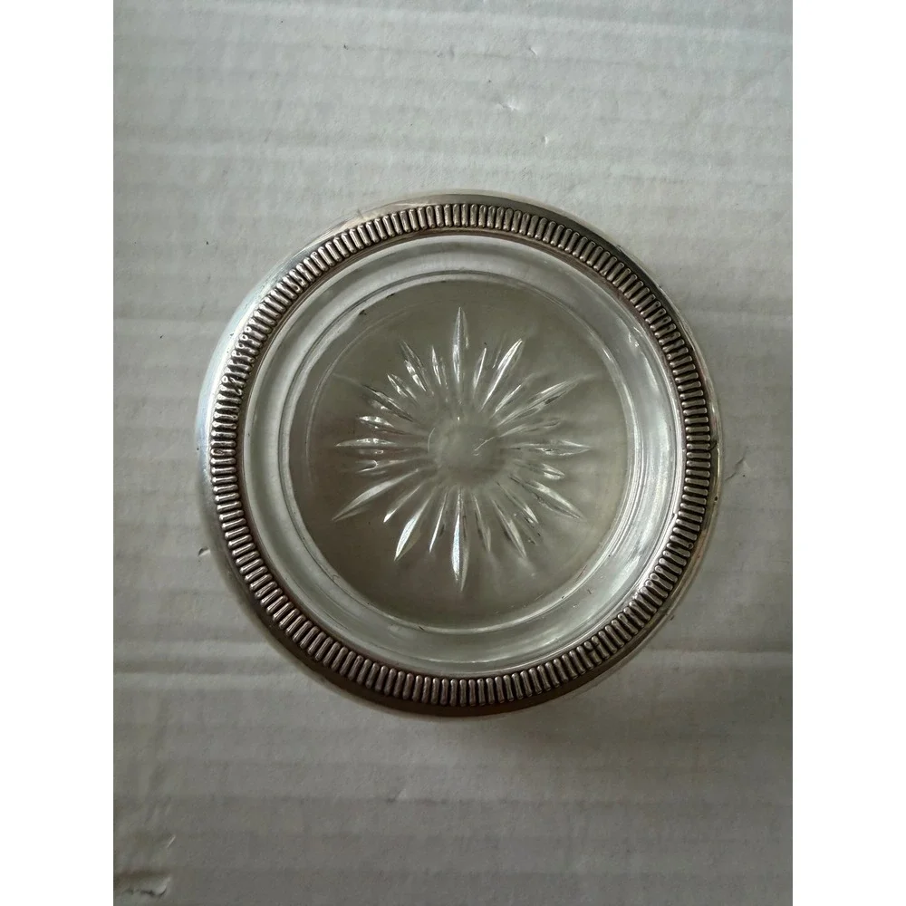 Vintage Sterling Silver Rim Glass Coasters Starburst Set of 2 Gadroon Edge